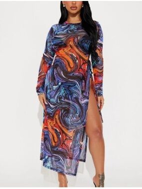 NYC Women’s Mesh Multicolor Abstract Swirl Long Sleeve Midi Dress Swim Coverup S